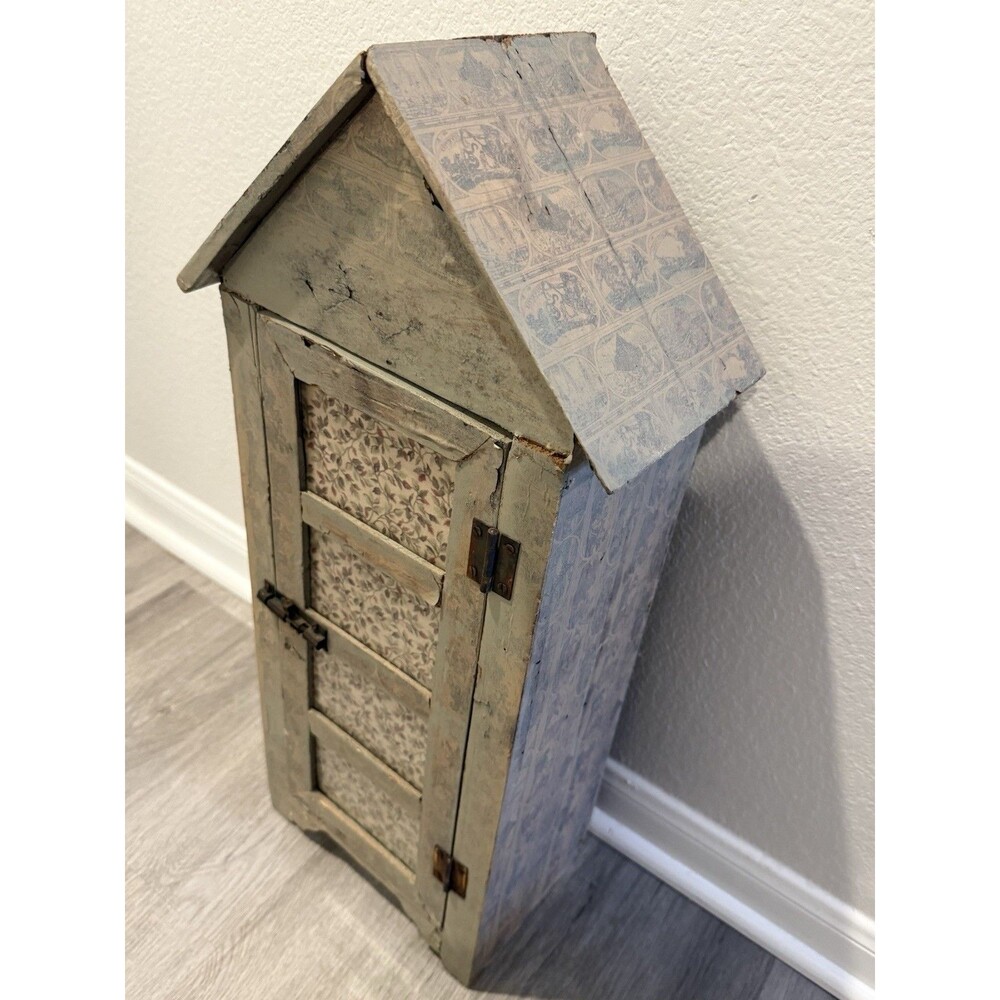 VTG wooden Dollhouse Cabinet Painted With Patterned Wallpaper Accents